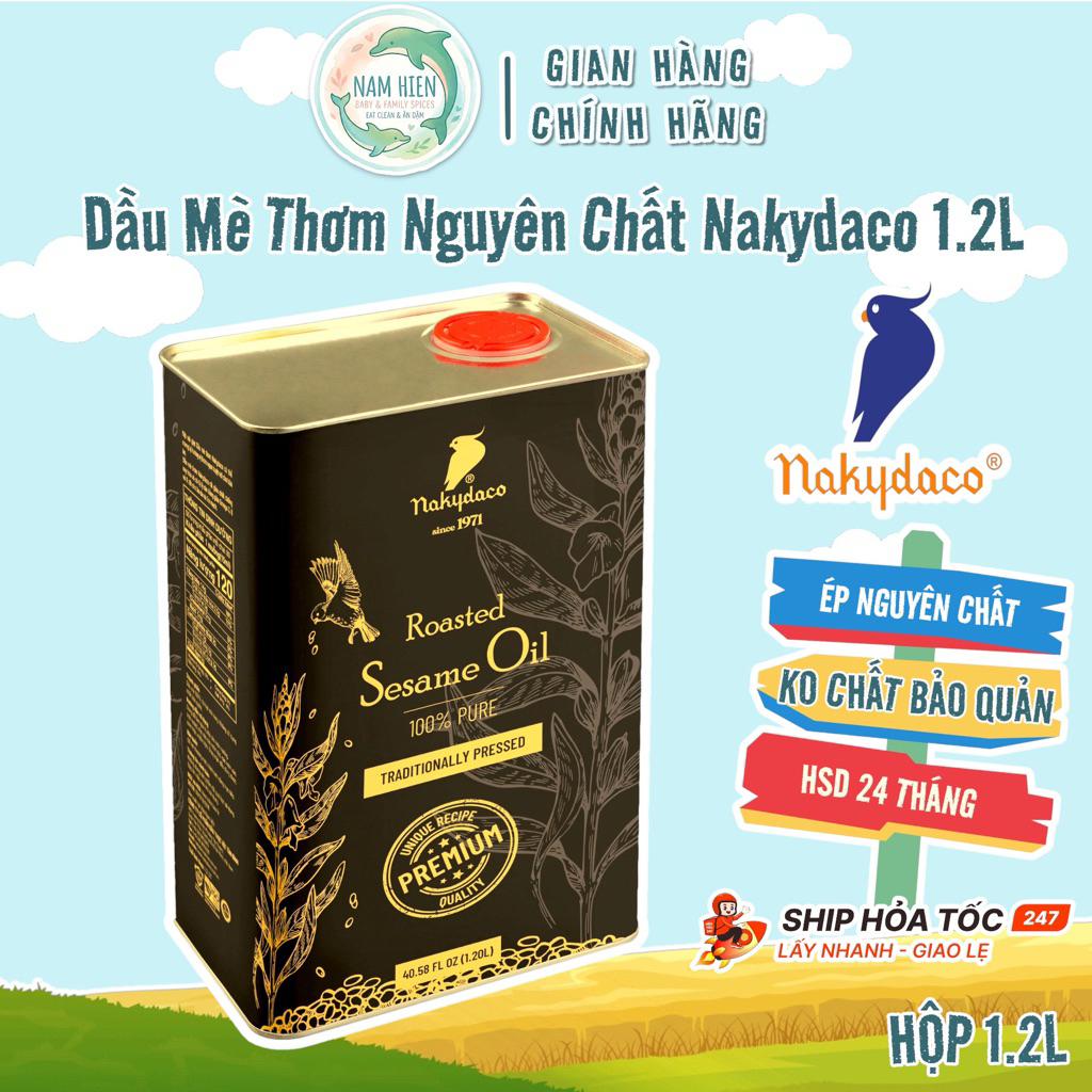 Dầu Mè Thơm Nguyên Chất Nakydaco Hộp Thiếc 1.2L - Hạt Mè Rang - Đậm Đà Hương Vị Tự Nhiên, Chay Mặn Đều Dùng Được
