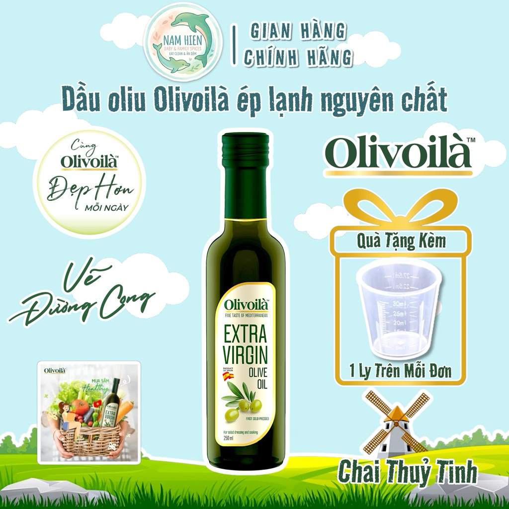 Dầu Oliu Extra Virgin Olivoilà (Tặng Ly Định Lượng) - Chai 250ml (Ép Lạnh Nguyên Chất, Thơm Ngon Cho Bé)