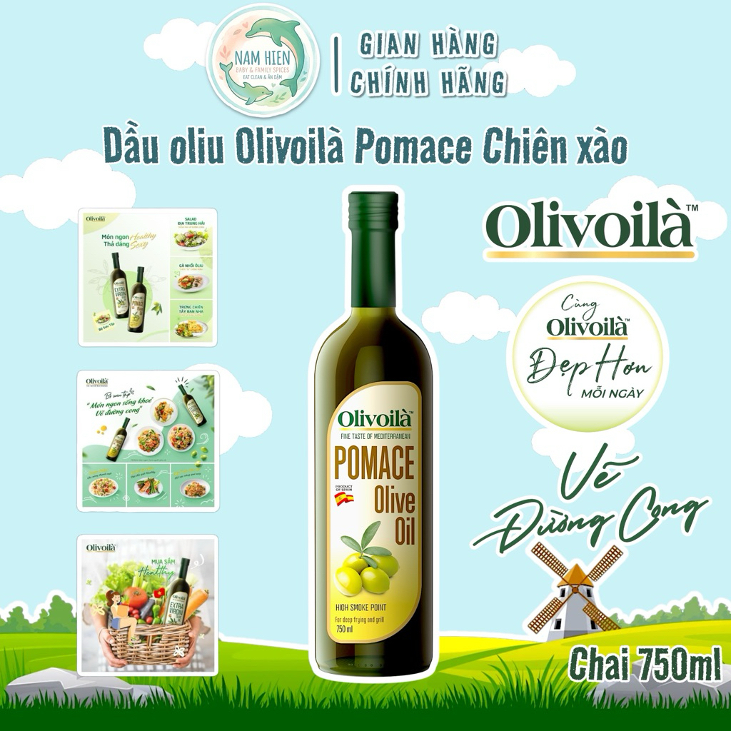 Dầu Oliu Pomace Olivoilà Nhập Khẩu Tây Ban Nha (Tặng Ly Định Lượng) - Chai Thủy Tinh 750ml Dầu Ăn