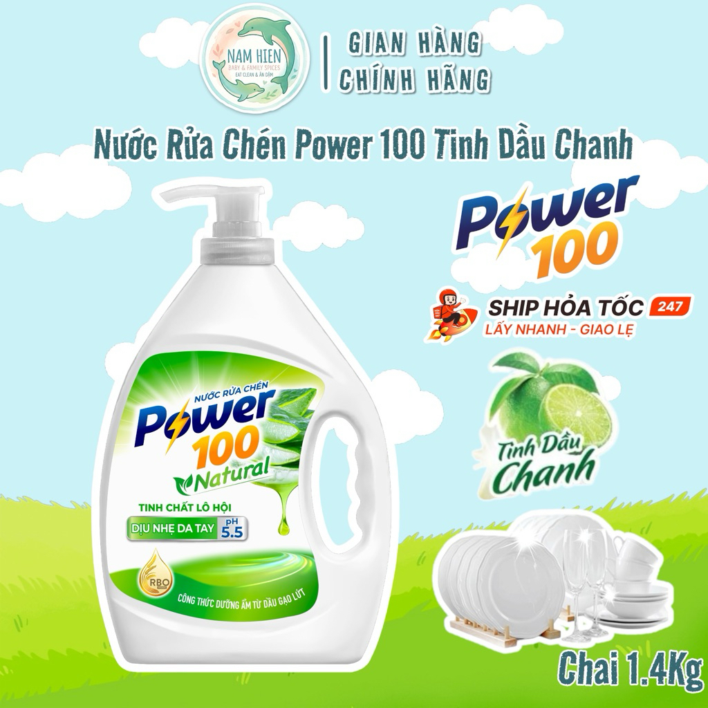 Nước Rửa Power 100 Tinh Dầu Chanh - Chai 1.4Kg Bảo Vệ Da Tay