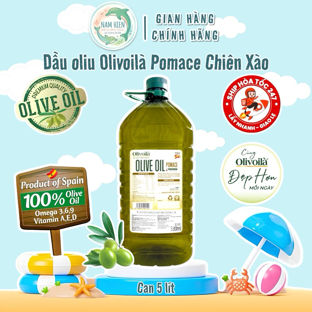 Dầu Oliu Pomace Olivoilà Nhập Khẩu Tây Ban Nha[DATE MỚI] - Can 5L Dùng Chiên Xào Tiết Kiệm