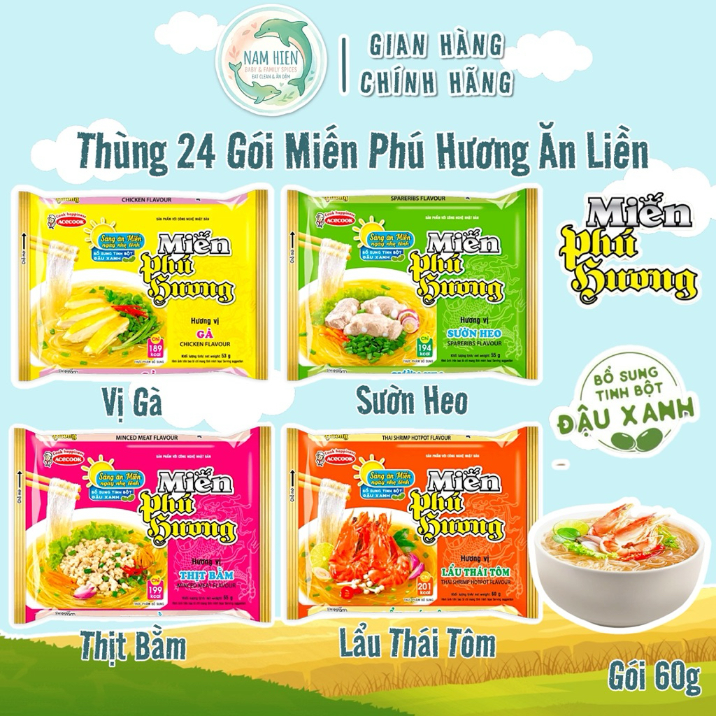 Thùng 24 Gói Miến Phú Hương Mix Đủ Vị Acecook - Gói 60g