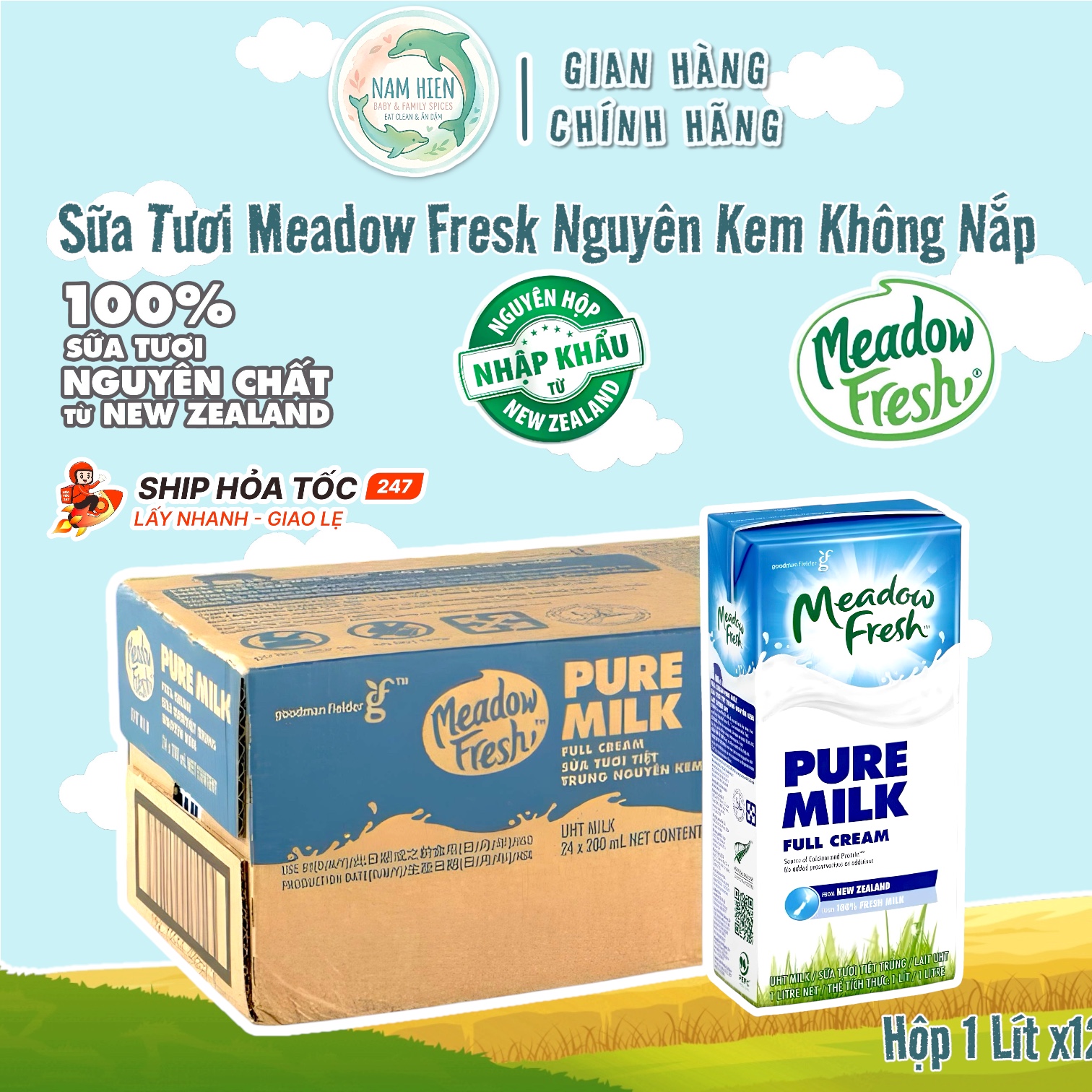 Thùng 12 Hộp Sữa Tươi Tiệt Trùng Meadow Fresh Nguyên Kem - Hộp 1 Lít Không Nắp 100% Sữa Tươi Nhập Khẩu Úc New Zealand